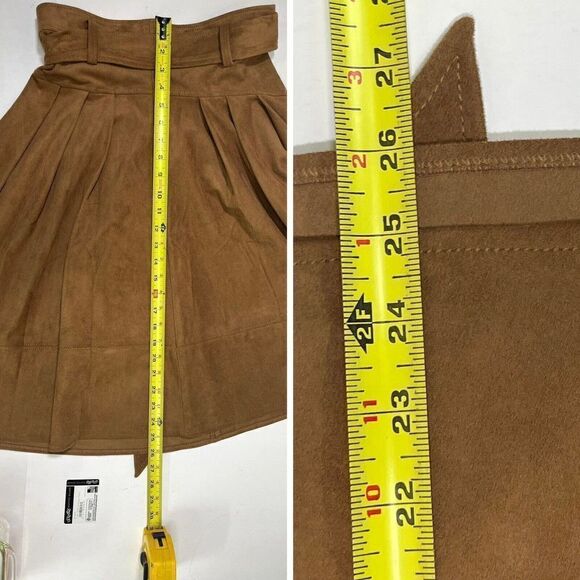 Anthropologie Akemi + Kin Skirt Tan Faux Suede Skirt Swing Belted Pleated Size 6 - Picture 4 of 13